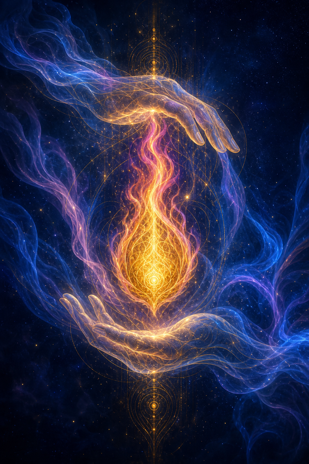 Sacred flame of light passed between luminous hands