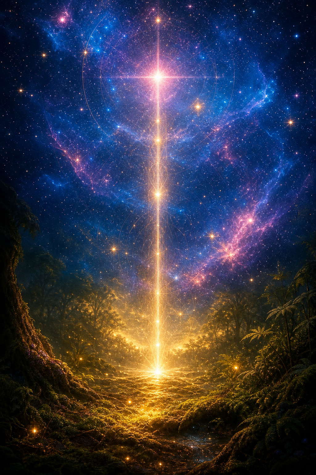 Starlight meeting mossy earth through a beam of gold